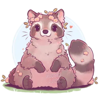 🦝 NAOMI_LOROC raccoon, cute, animal, floral, flowers, pink, cartoon telegram sticker