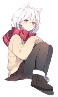 😐 chica anime, orejas de gato, kawaii, lindo, bufanda, invierno, ilustración whatsapp sticker