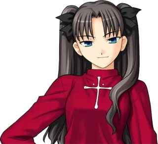 😏 Rin Tohsaka Fate/stay night anime, personaje, chica, coletas, camiseta roja, presumida whatsapp sticker