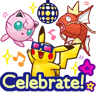 😎 Pikachu Celebrate! pokemon, pikachu, celebrate, party, fun, dancing, jigglypuff, magikarp telegram sticker
