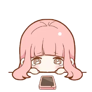 😞 ragazza anime, piangere, kawaii, rosa, telefono, triste telegram sticker