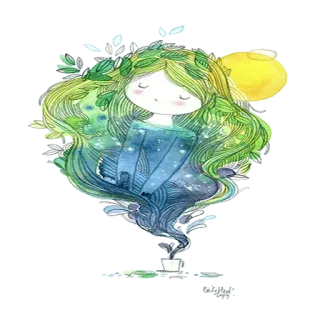 ☕ nature, fille, paisible, aquarelle, fantaisie, illustration whatsapp sticker