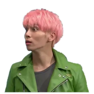 😳 kpop, idol, pessoa, chocado, surpreso, cabelo rosa, homem, jaqueta verde telegram sticker
