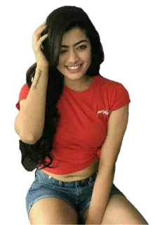 😍 kobieta, uśmiechnięta, portret, czerwona koszula, dżinsowe szorty, Rashmika Mandanna telegram sticker