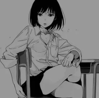 ➰ Anime, Mädchen, Schuluniform, Sitzend, Monochrom, Illustration, Weiblich telegram sticker