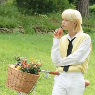 ✨ Felix kpop, idol, bicycle, flowers, blonde hair, yellow, white telegram sticker