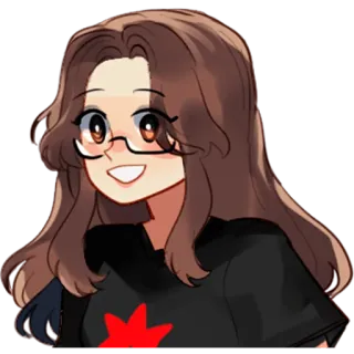 😃 mujer, dibujo animado, gafas, sonrisa, pelo castaño, estrella roja, sudadera con capucha telegram sticker