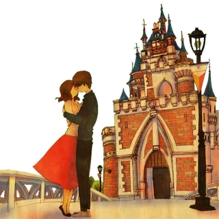 😘 cium, pasangan, cinta, kastil, romantis whatsapp sticker