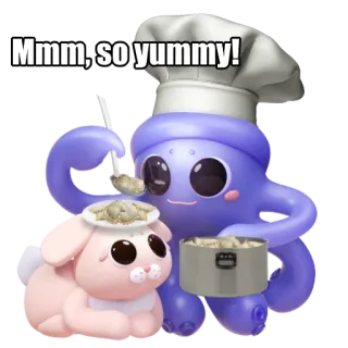 🥟 Mmm, so yummy! fofo, comida, delicioso, chef, desenho animado, bolinhos, coelho, polvo whatsapp sticker