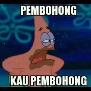 😤 Patrick Star SpongeBob SquarePants PEMBOHONG
KAU PEMBOHONG patryk rozgwiazda, spongebob, mem, kreskówka, kłamstwo, smutny telegram sticker