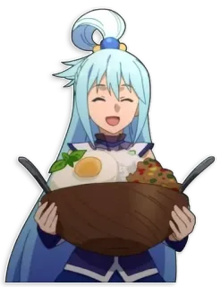 🥗 Aqua Konosuba Anime, Mujer, Sonriendo, Feliz, Comida, Dibujos animados telegram sticker