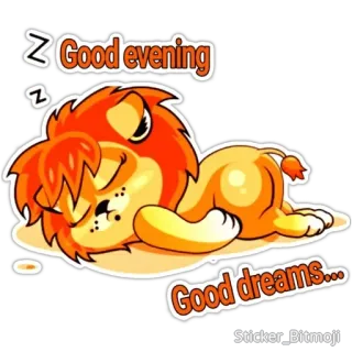 😀 Good evening
Good dreams... leone, dormire, buona sera, sogni d'oro, animale, cartoni animati, carino telegram sticker