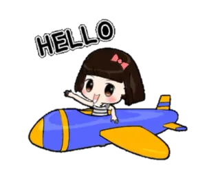 🛩 HELLO Cartoon, Flugzeug, Mädchen, Hallo, Süß, Gruß, Kawaii telegram sticker