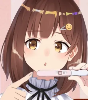 😗 Anime, Prueba de embarazo, Personaje, Positivo, Pelo castaño, Sonrisa, Feliz, Adhesivo telegram sticker