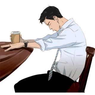 😞 man, tired, coffee, sad, office, anime telegram sticker