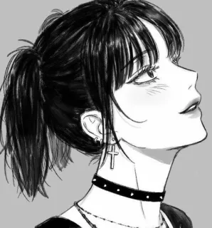 🖤 Anime, Garota, Retrato, Cruz, Brinco, Colar, Monocromático telegram sticker