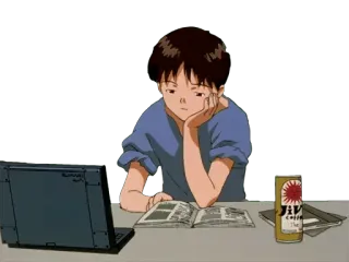 🔷 Anime, Ragazzo, Computer, Triste, Solo telegram sticker
