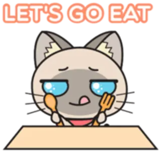 😋 LET'S GO EAT cat, eating, spoon, fork, food, cartoon whatsapp sticker