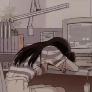 😑 Anime, traurig, Computer, Büro, Mädchen, erschöpft, schlaflos, müde telegram sticker