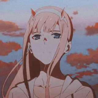 🙁 Zero Two Darling in the Franxx Anime, Dziewczyna, Różowe włosy, Rogi, Zero Two telegram sticker