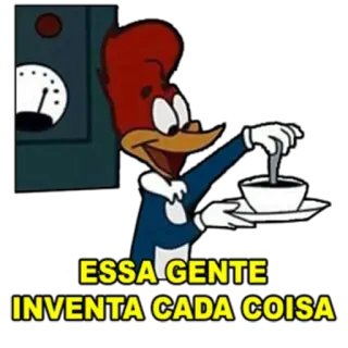 ☕️ Woody Woodpecker ESSA GENTE INVENTA CADA COISA desenho animado, pássaro, café, Woody Woodpecker telegram sticker