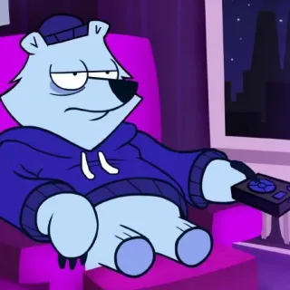 🐻 gấu Bắc cực, hoạt hình, TV, điều khiển từ xa, ghế, đêm, thành phố telegram sticker