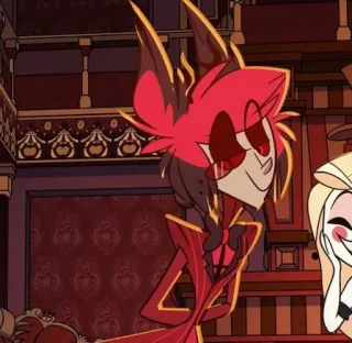 🍾 Alastor Hazbin Hotel demon, czerwony, uśmiech, kreskówka, animowany telegram sticker