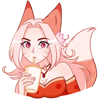 🥤 gadis rubah, anime, rubah, rambut merah muda, minuman telegram sticker