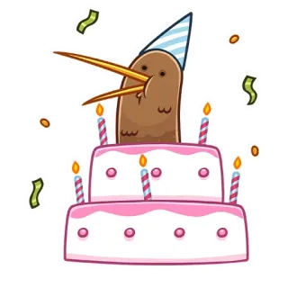 🥳 Burung kiwi, Kue ulang tahun, Perayaan, Pesta, Binatang, Lucu, Kartun telegram sticker