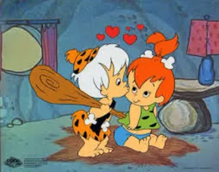 💜 Pebbles Flintstone and Bamm-Bamm Rubble The Flintstones 漫画, フリントストーン, ペブルス, バンバン, キス, ハート, 愛 telegram sticker