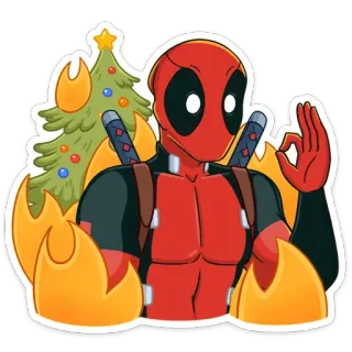 👌 Deadpool Deadpool, Choinka, Płomienie, Naklejka, Postać z komiksu, Marvel telegram sticker
