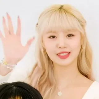 🐚 woman, blonde hair, portrait, smile, wave, korean whatsapp sticker