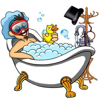 😀 bain, baignoire, canard en caoutchouc, mousse, bulle, dessin animé, relaxant, lunettes de natation telegram sticker