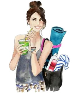 😁 mulher, smoothie, bebida, yoga, casual, sacola, estilo de vida, retrato whatsapp sticker