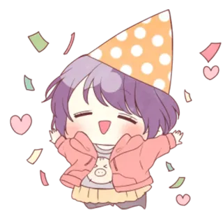 🥳 Fiesta, Celebración, Confeti, Chibi, Kawaii, Mono, Corazón, Feliz telegram sticker