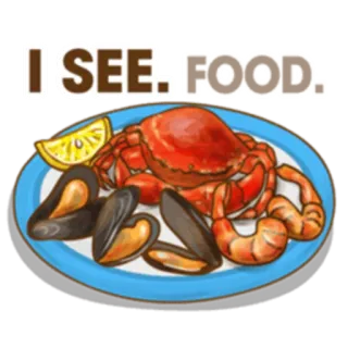 👀 I SEE. FOOD. cibo, frutti di mare, granchio, gamberi, cozze, piatto, limone whatsapp sticker