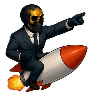 🚀 จรวด, ชุดสูท, หัวกะโหลก, หน้ากาก, ธุรกิจ, ความสำเร็จ, ผู้นำ, ชี้ telegram sticker