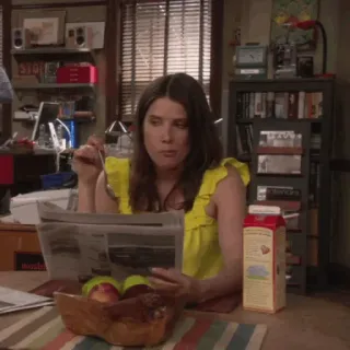 🏒 Robin Scherbatsky How I Met Your Mother woman, newspaper, eating, milk, apples telegram sticker