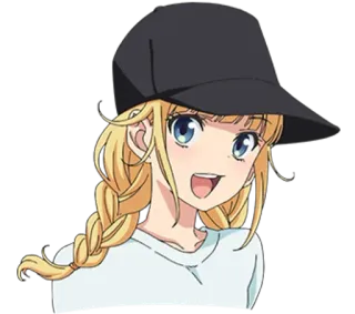 😍 dziewczyna anime, blond włosy, czapka z daszkiem, kreskówka, uśmiechnięta whatsapp sticker