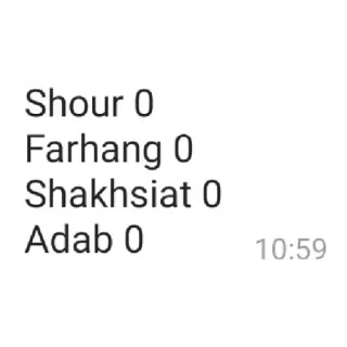 😐 Shour 0
Farhang 0
Shakhsiat 0
Adab 0 10:59 telegram sticker