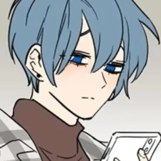 😑 动漫, 卡通, 角色, 男孩, 蓝头发, 智能手机 whatsapp sticker