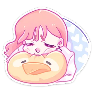 🦆 mignon, kawaii, fille, canard, endormi, coeurs, animé whatsapp sticker