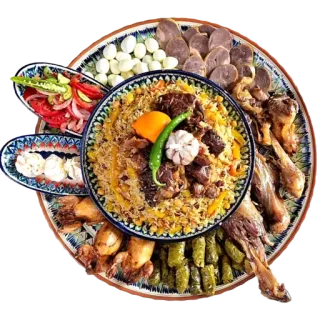 🍚 jedzenie, pilaw, mięso, jajka, sałatka, kuchnia, tradycyjne jedzenie telegram sticker