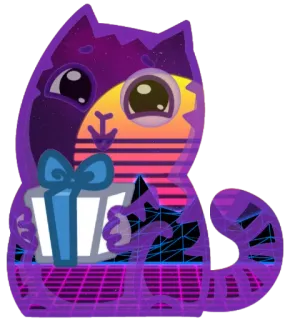🎁 кот, подарок, подарок, фиолетовый, ретро, наклейка whatsapp sticker
