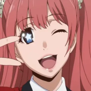 😘 Mary Saotome Kakegurui Anime, Kakegurui, Mary Saotome, Dessin animé, Fille, Clin d'oeil, Signe de paix, Yeux étoilés, Cheveux roses telegram sticker