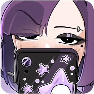 ☺️ cewek anime, rambut ungu, selfie, ponsel, bintang, kartun, imut telegram sticker