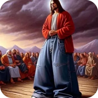 🫥 Jesus Christ Jesus, baggy pants, jeans, drip, meme, Christianity, satire, funny telegram sticker