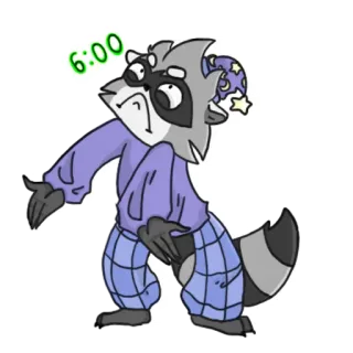 🕕 6:00 raton laveur, endormi, dessin animé, animal, pyjama, fatigué, matin whatsapp sticker