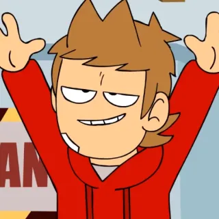 😏 Tord Larsson Eddsworld การ์ตูน, แอนิเมชัน, เสื้อฮู้ดสีแดง, ยิ้มเยาะ, ตลก whatsapp sticker