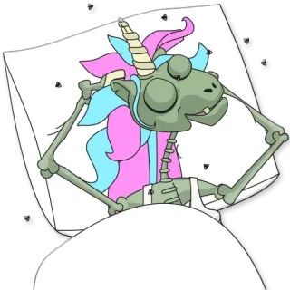 😴 unicorn, skeleton, cartoon, sleep, pillow, fantasy whatsapp sticker